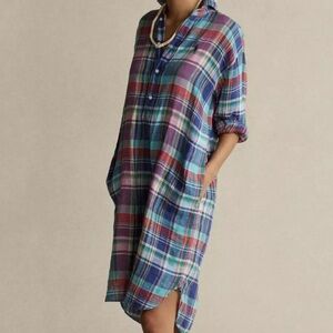 Polo Plaid Button-Up Linen Shirt Dress